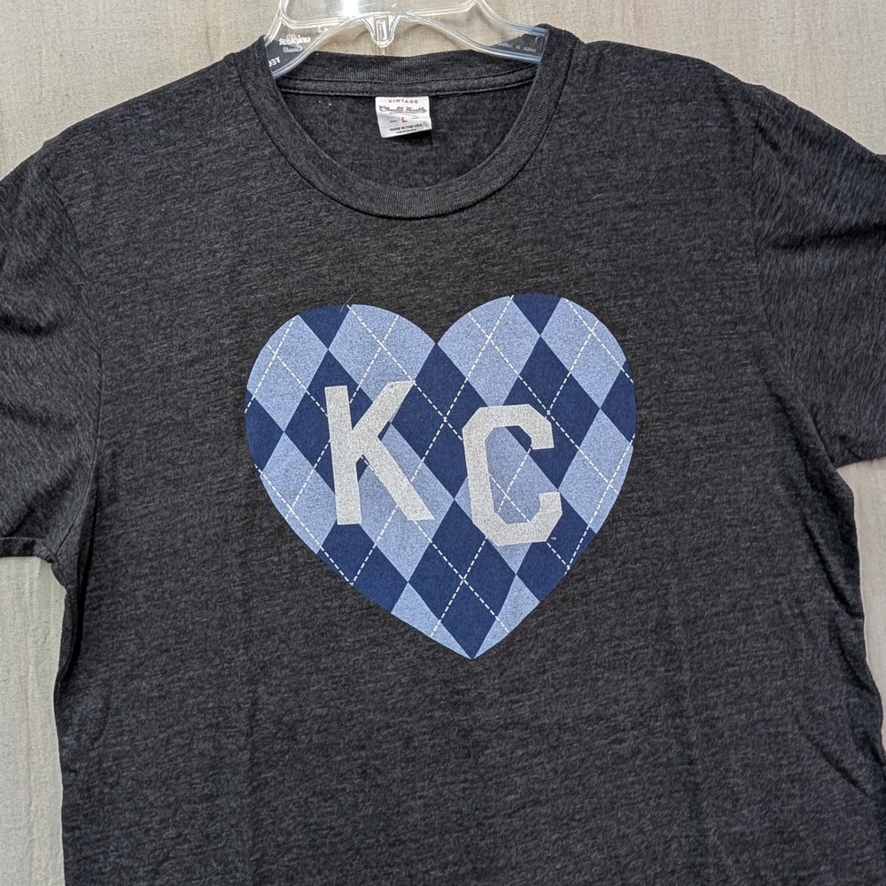 Charlie Hustle Kansas City KC Heart Argyle T-Shirt Gray Blue Large Made in USA